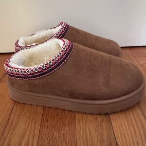 Brown Faux-Suede Cozy Shearling Lined Slip-On Slippers